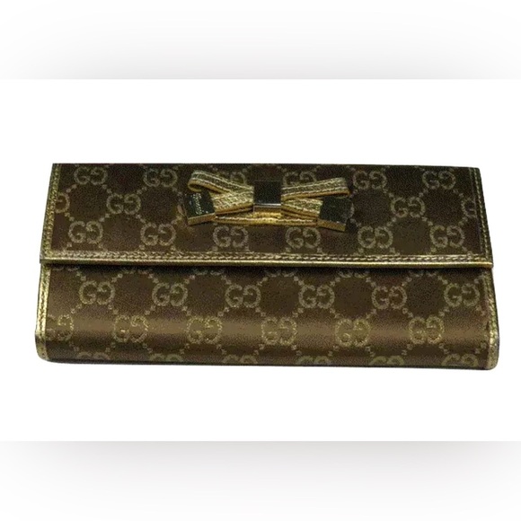 Gucci Princy Long Trifold Flap Wallet Gold Metallic and Brown GG Monogram Bow - Picture 11 of 17